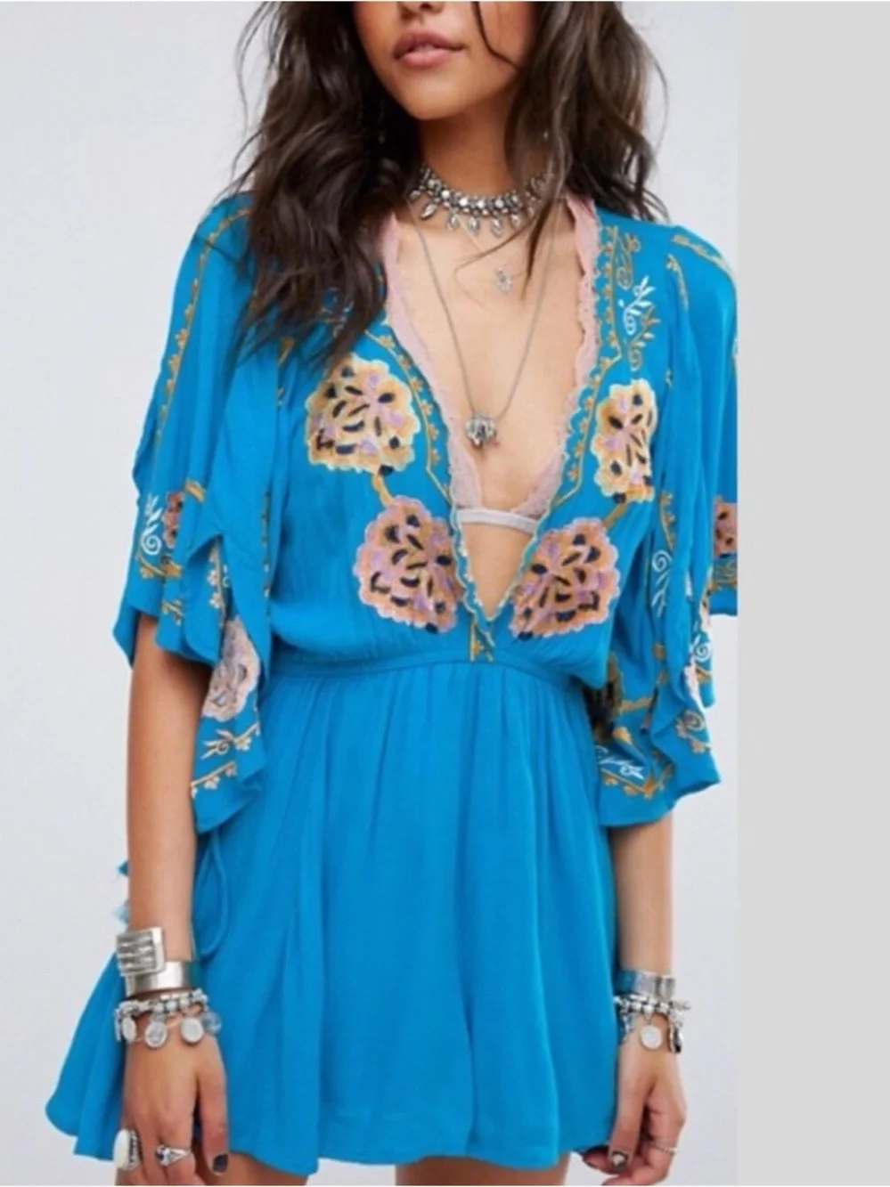 Free People Cora Embroidery Mini Dress Blue Coachella Stagecoach Festival - Picture 12 of 13